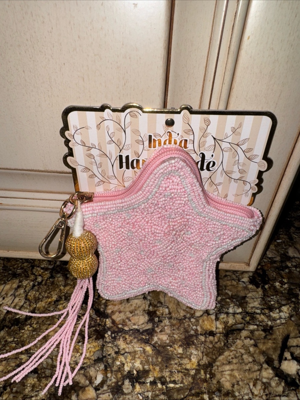Beaded Pink Star Keychain with Tassel Made in India